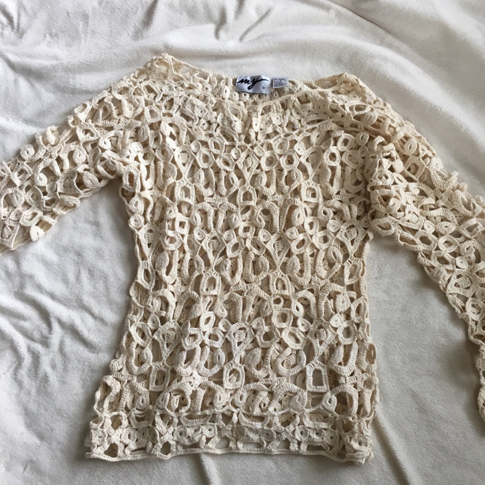 MY crotchet motif hand crafted boat neck knit S
